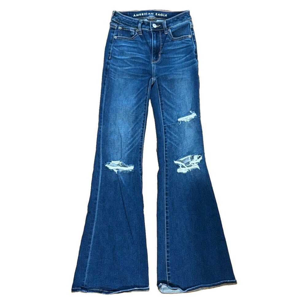 American Eagle Super High Rise Flare Jeans Women's 00 Regular Blue Distressed